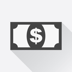 Money icon. Vector illustration in flat style. Dollar with long shadow on white background.