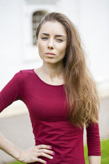 Portrait close up of young beautiful brunette woman