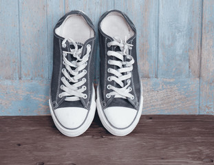 Sport shoes / Dirty sport shoes on wood background. Vintage style.