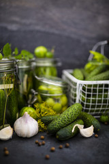Vegetables cucumbers, tomatoes, green beans with spices in jars.