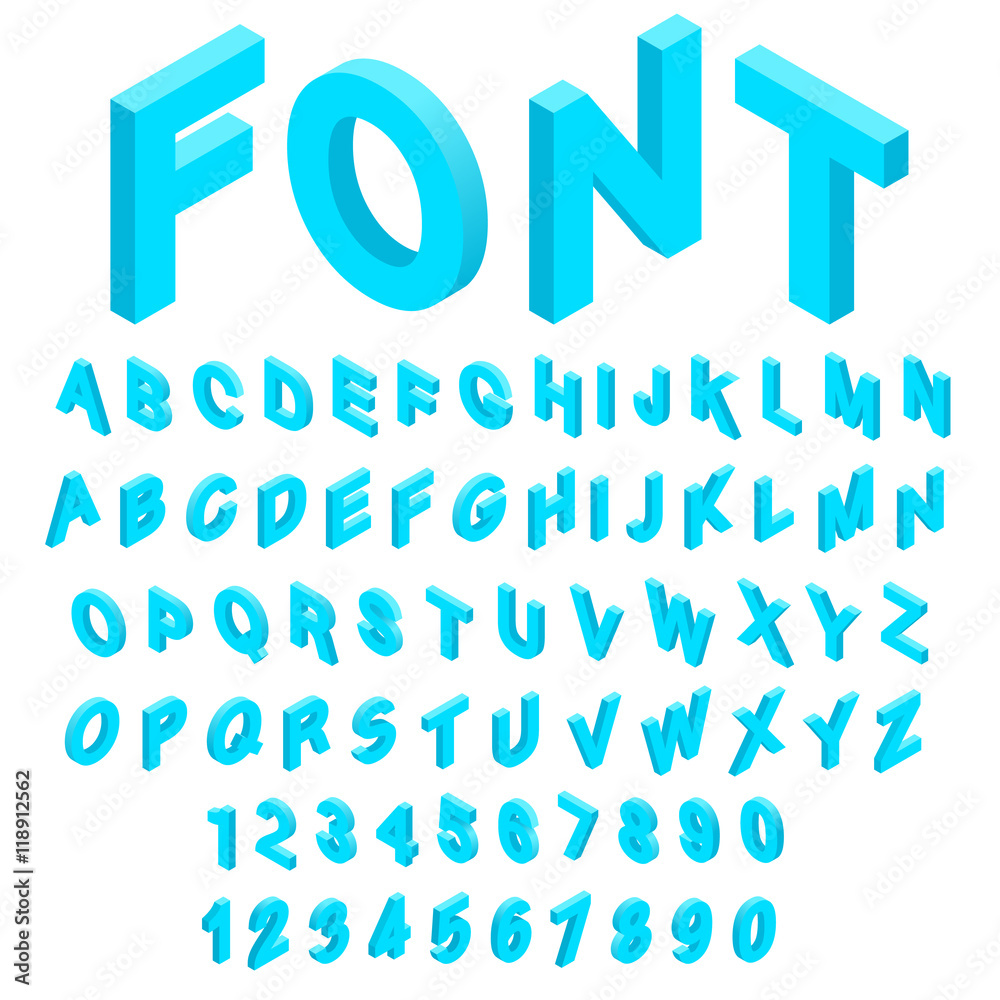 Fototapete Alphabet with numbers icons set in isometric 3d style. English font set collection vector illustration
