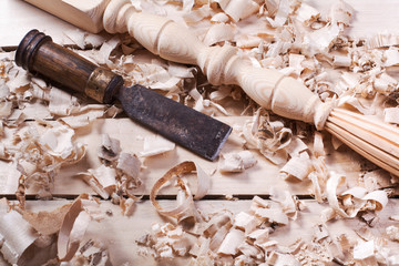 Carpentry concept . Joiner carpenter workplace top view. Construction tools on wooden table with sawdust. Copy space