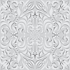 Vegetable seamless pattern in 3D. Pattern for design cards, wall tapestries, holidays and ceremonies. The white elements of the pattern with shadow on gray background. 
