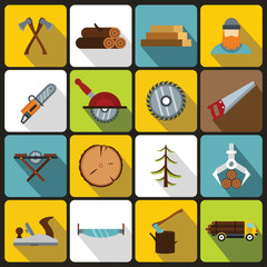 Timber industry icons set in flat style. Lumberjack equipment set collection vector illustration