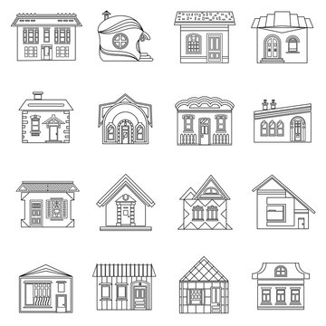 House set in outline style. Private residential architecture set collection vector illustration
