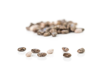Close up of chia seeds with other blurred chia seeds in the white background