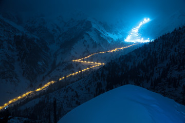 Night Road by mountain ski resort Chimbulak in Almaty, Kazakhstan  - 118914733