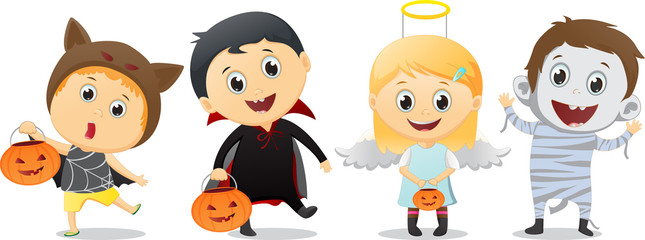 happy children in Halloween party trick or treating
