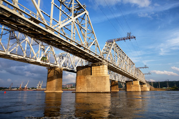 Construction of a new road bridge across the Yenisei River in Krasnoyarsk, Russia