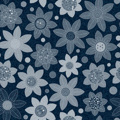 Vector Jeans background with flowers. Denim seamless pattern. Blue  fabric. Floral grunge 