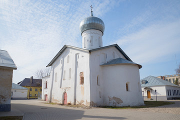 Fototapeta na wymiar Medieval church of Nikola White (built in 1312-1313) sunny april day. Veliky Novgorod, Russia
