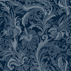 Vector Jeans background with flowers. Denim seamless pattern. Blue  fabric. Floral grunge 