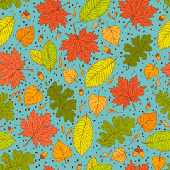 Autumn seamless pattern with seeds and leaves