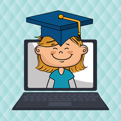 girl laptop student cap vector illustration design