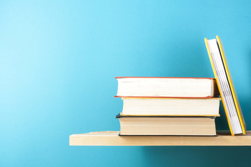 Stack of colorful books. Education background. Back to school. Copy space for text.