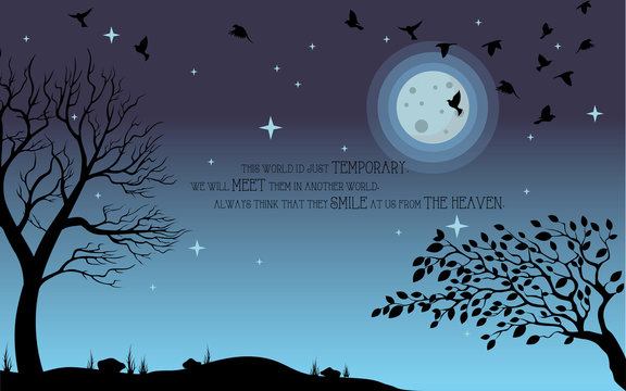 Heaven illustration on theme of Halloween. Bird, tree, moon, and stone silhouette on cemetery in night ambience. Wishes for Happy Halloween. Trick or treat. Vector illustration