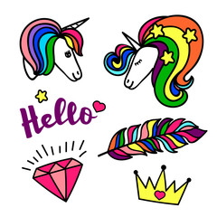 Colorful patches collection with unicorn, heart, feather, diamond, crystal, crown, in bright rainbow colors. Sewing elements. Hand drawn vector Illustration, retro style. Fashion trend pin badges set.
