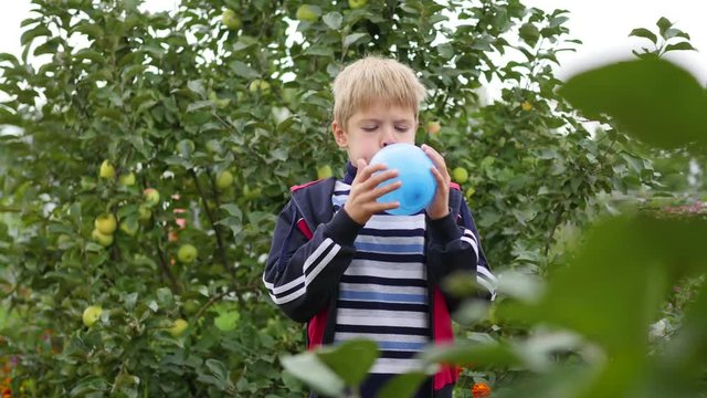 child in the garden inflate a blue balloon