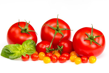 bunte Tomaten auf weißem Hintergrund mit Basilikumblatt