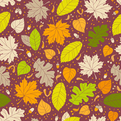 Fototapeta na wymiar Autumn seamless pattern with seeds and leaves
