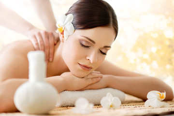Obraz na płótnie Canvas Beautiful young woman on a back massage procedure