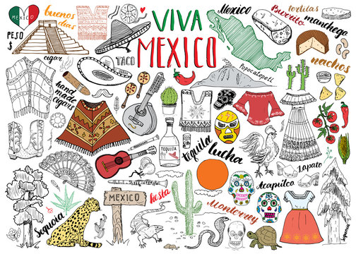 Mexico hand drawn sketch set vector illustration chalkboard