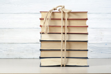 Stack of colorful books. Education background. Back to school. Copy space for text.