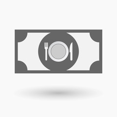 Isolated  bank note icon with  a dish, knife and a fork icon