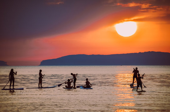 SUP im Sonnenuntergang/Gruppe von SUP`s in der Sonne