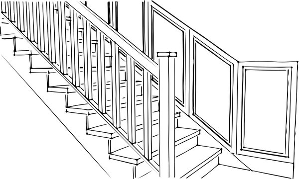 Sketch Staircase classic with wooden panel. Sample 3d. Ladder side view. Flat style. Vector illustration on a white background.