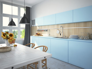 Kitchen and living room in loft apartment. 3d rendering