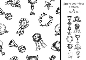 Sketch Sport Win Seamless Pattern and Icon Set