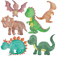 Dinosaur Watercolor Hand painted illustration Isolated Kids Baby Dino Painting 