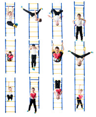Set of pictures of a little boy performing exercises on various sports equipment on a white background