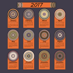Calendar 2017. Vintage decorative colorful elements. Ornamental floral oriental pattern, vector illustration.
