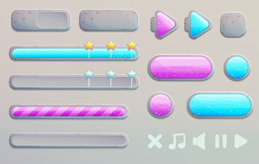 A set of cartoon wooden buttons, progress bars and icons with shiny glass elements for game and app design. Different shapes and arrows.