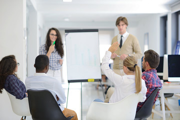 Businessman giving a presentation to his colleagues at work standing in front of a flipchart with notes and diagrams
