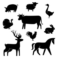 Set of butchery logotype templates. Cartoon farm animals with sample text. Retro styled toy farm animals black silhouettes collection for meat stores, groceries, packaging and advertising. Vector