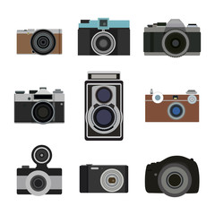 Photo camera flat icons set. Retro photography equipment. Cameras lens vector 