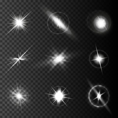 Realistic lens flares star lights and glow white elements on isolated transparent black background Vector illustration