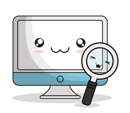 computer lupe kawaii cartoon smiling technology icon. Colorful and flat design. Vector illustration