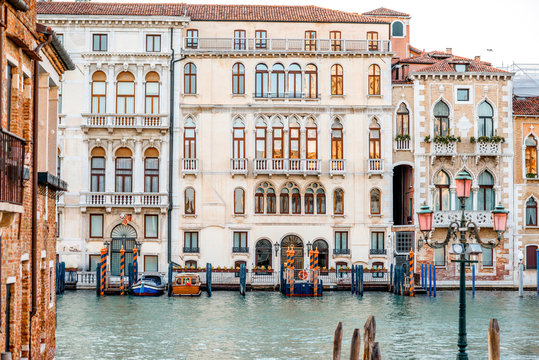 Beautiful waterfront with gothic buildings on Grand canal in Venice