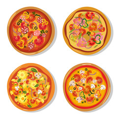 Set of flat hot pizza icons. Pizza isolated on white, pepperoni pizza. Vector 