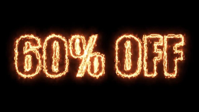 60 percent off burning text in hot fire on black background in 4k ultra hd
