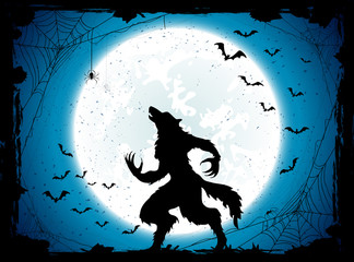 Fototapeta premium Blue Halloween background with bats and werewolf