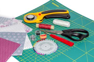 Composition of patchwork instruments, objects and fabrcs