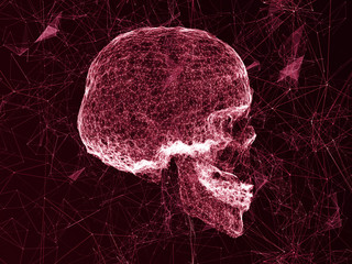 Skull, high-tech equipment. Visualization of hacking into computer technology. The skull in digital systems
