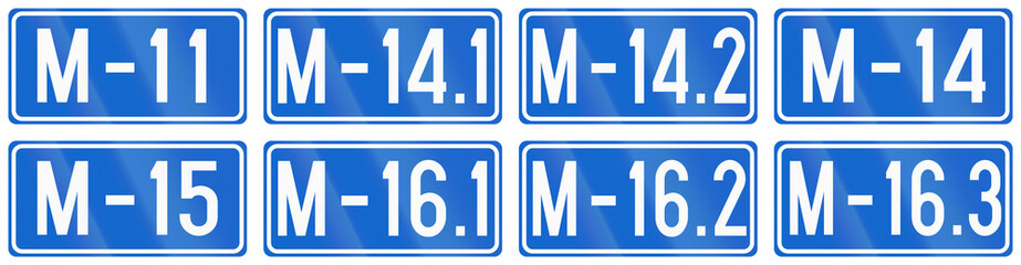 Collection of numbered magistral road signs in Bosnia and Herzegovina