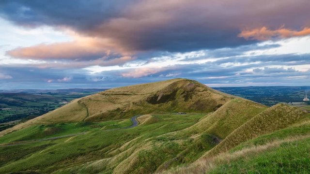 Sunset Clouds over Mam Tor Hill in Peak District, UK