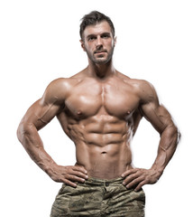 Fototapeta na wymiar Muscular bodybuilder guy isolated over white background